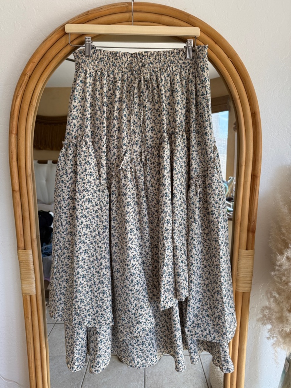 Floral Tiered Maxi Skirt in Cream and Blue